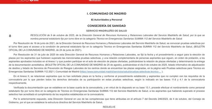 Estabilidad y consolidación para los Técnicos en Emergencias Sanitarias del SUMMA 112 Estabilidad y consolidación para los Técnicos en Emergencias Sanitarias del SUMMA 112