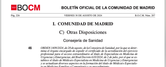 Publicada la ORDEN 1409/2024, de la Consejera de Sanidad para el acceso extraordinario al título de Especialista en MUE